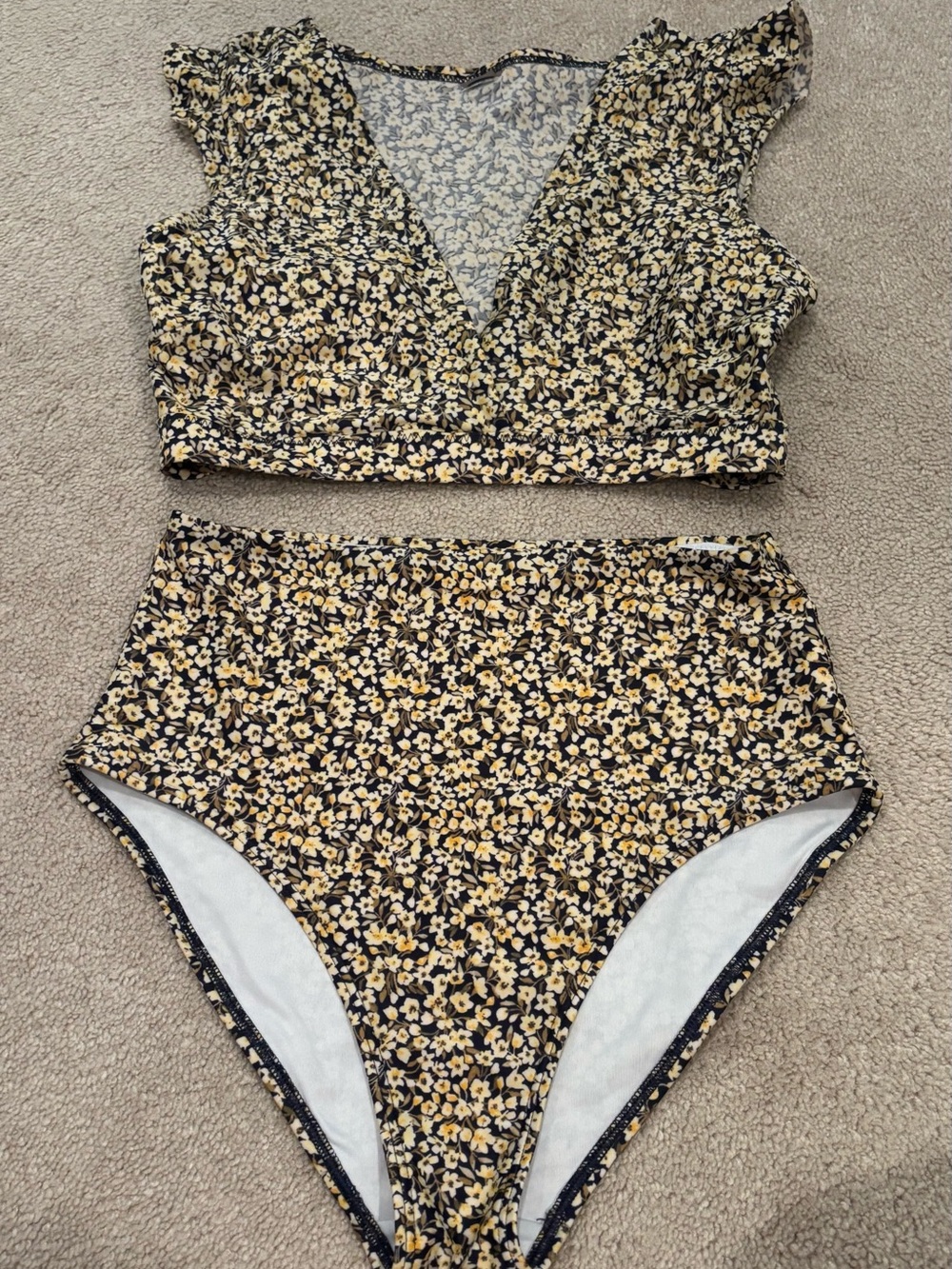 Old Navy Women’s Small High-Waist Floral Bikini Set Floral Black Yellow Crop Top